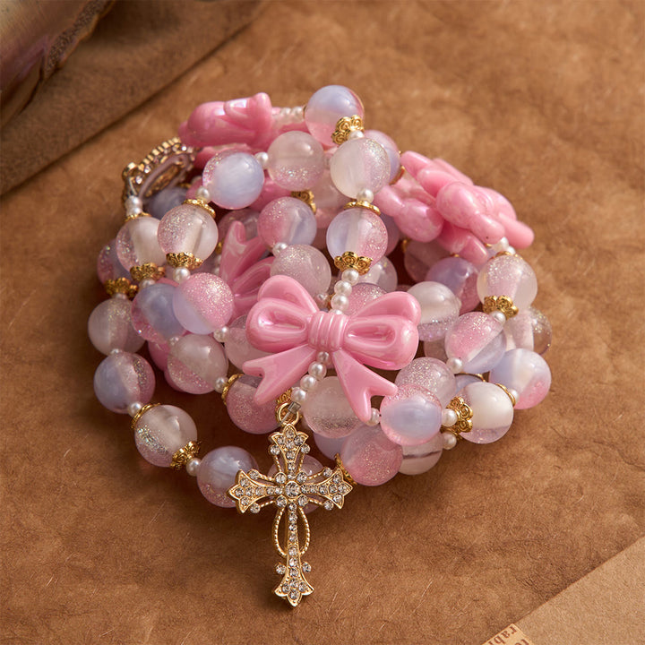 Christianartworkshop Pastel Glitter Bead Bow Rosary With Jeweled Cross: Emblem of Sweet Heavenly Grace - image 4