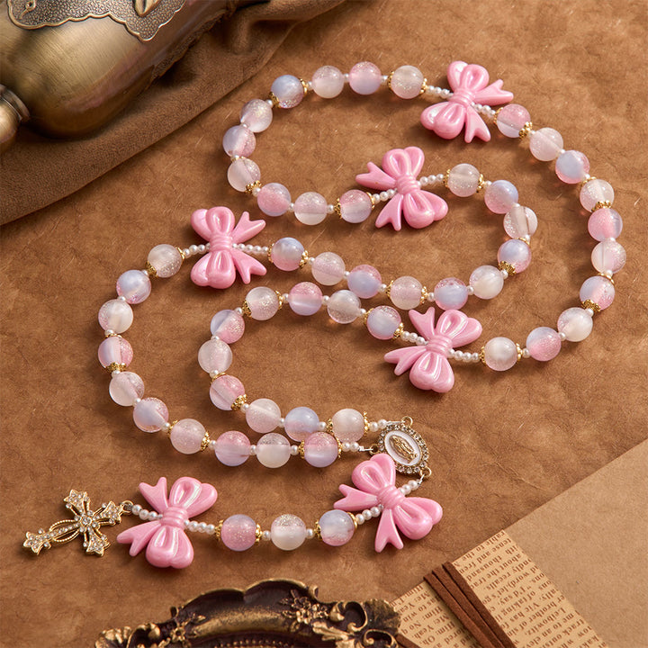 Christianartworkshop Pastel Glitter Bead Bow Rosary With Jeweled Cross: Emblem of Sweet Heavenly Grace - Dreamy-Toned Bows Rosary - image 0