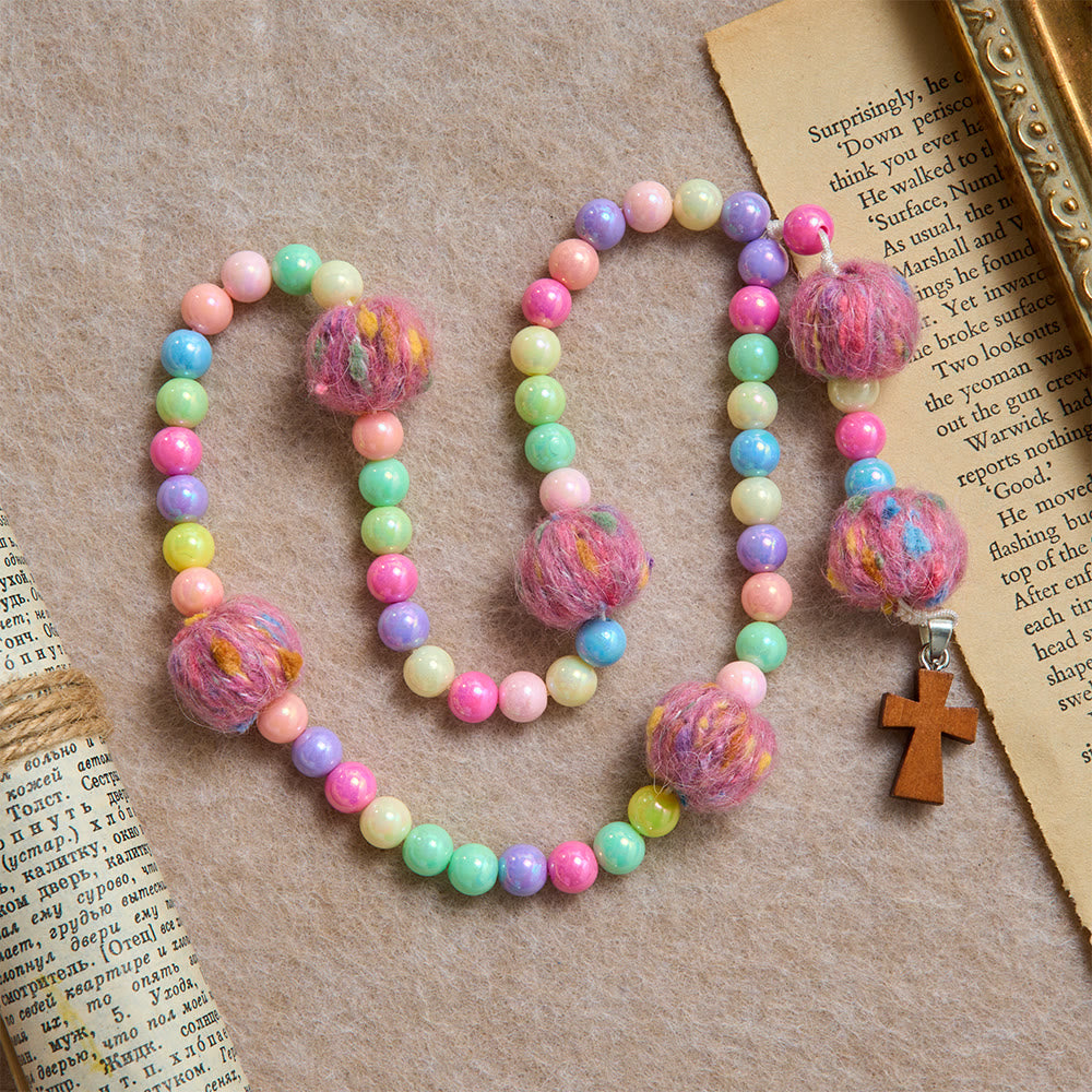 Christianartworkshop Fluffy Pom-Pom Macaron Bead Kids Rosary With Wooden Cross: Emblem of Innocent Heavenly Kindness - Fluffy Macaron-Toned Rosary - image 0