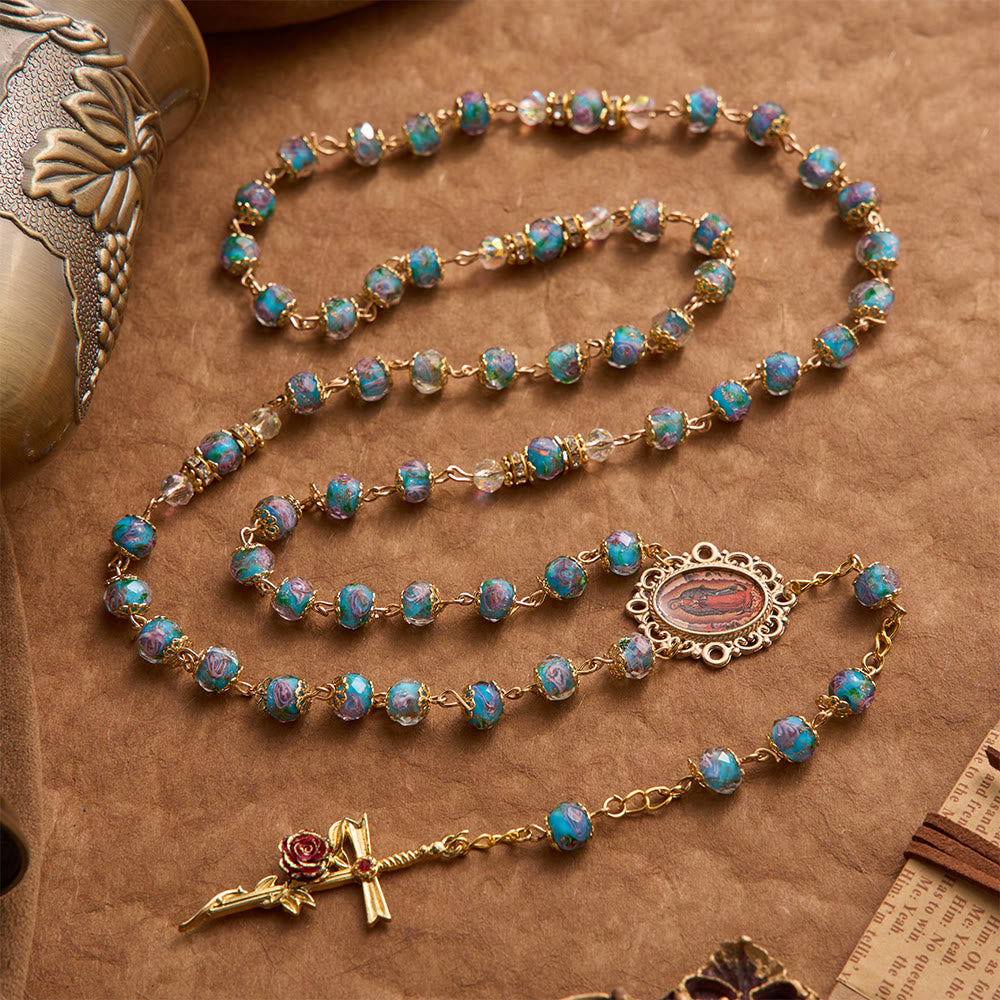 Christianartworkshop Blue Floral Glass Rosary With Rose Gilded Crucifix & Our Lady of Guadalupe Medallion - image 3