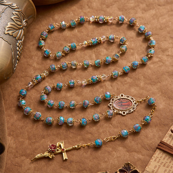 Christianartworkshop Blue Floral Glass Rosary With Rose Gilded Crucifix & Our Lady of Guadalupe Medallion - image 3