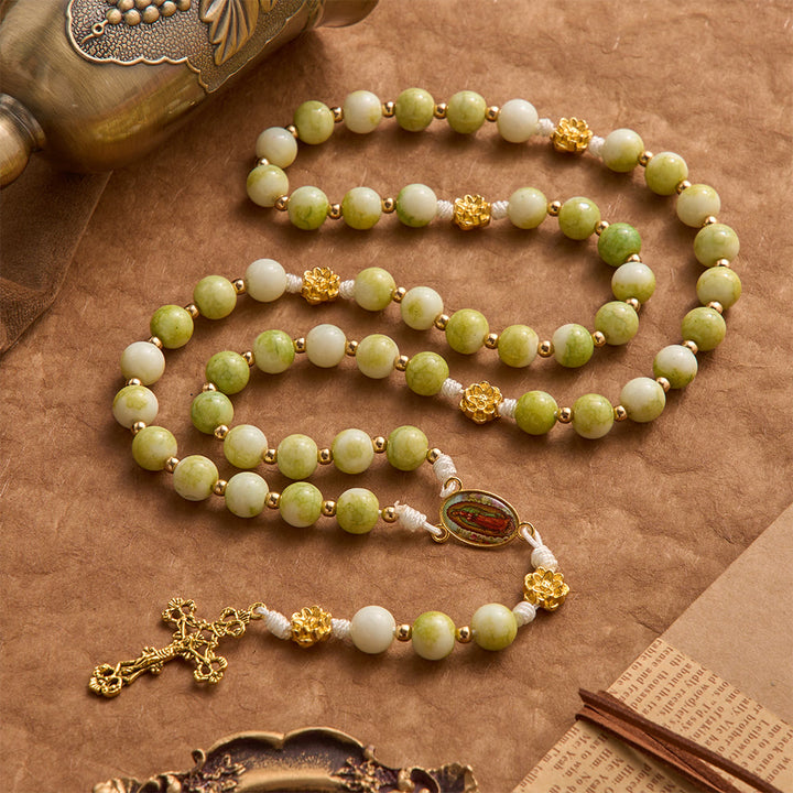 Christianartworkshop Fresh Lotus Spacer Jade-Toned Rosary With Ornate Carved Crucifix: Emblem of Pure Heavenly Serenity - image 3