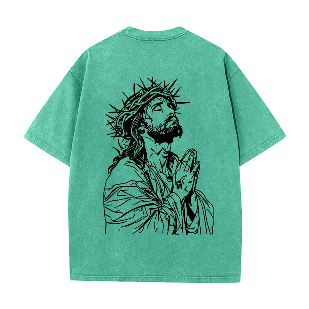 Christianartworkshop Front Cursive Slogan Rosary Cross Chain Back Thorn Crown Praying Jesus Line Washed T‑Shirt - image 17