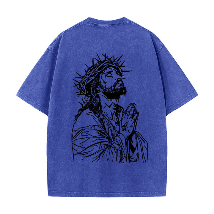 Christianartworkshop Front Cursive Slogan Rosary Cross Chain Back Thorn Crown Praying Jesus Line Washed T‑Shirt - image 14