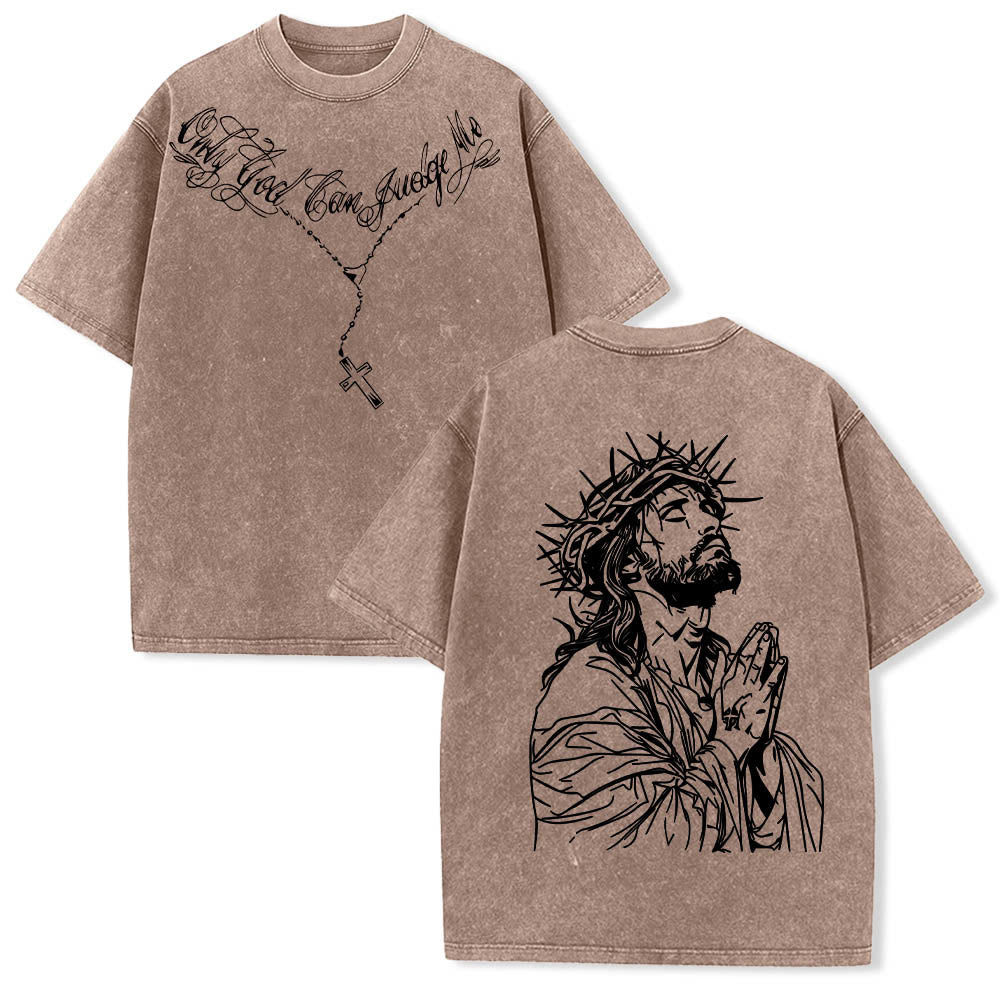 Christianartworkshop Front Cursive Slogan Rosary Cross Chain Back Thorn Crown Praying Jesus Line Washed T‑Shirt - Brown - 5XL - image 6