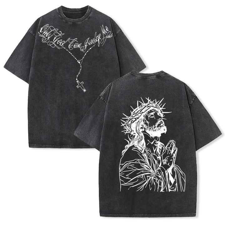 Christianartworkshop Front Cursive Slogan Rosary Cross Chain Back Thorn Crown Praying Jesus Line Washed T‑Shirt - Black - 5XL - image 0