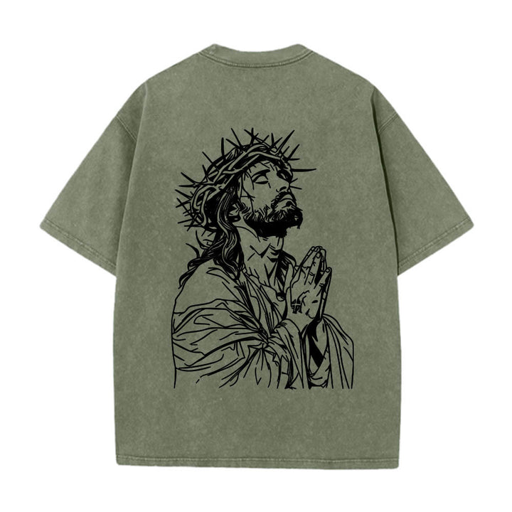 Christianartworkshop Front Cursive Slogan Rosary Cross Chain Back Thorn Crown Praying Jesus Line Washed T‑Shirt - image 26