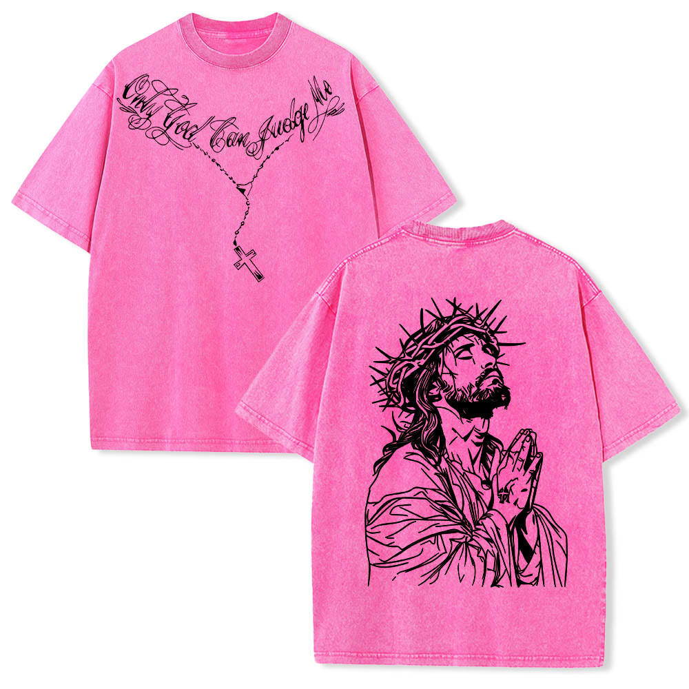 Christianartworkshop Front Cursive Slogan Rosary Cross Chain Back Thorn Crown Praying Jesus Line Washed T‑Shirt - Pink - 5XL - image 21