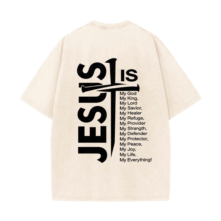 Christianartworkshop Front Mini Emblem Back Large Jesus Cross Attribute List Dual-Side Print Washed T‑Shirt - image 5