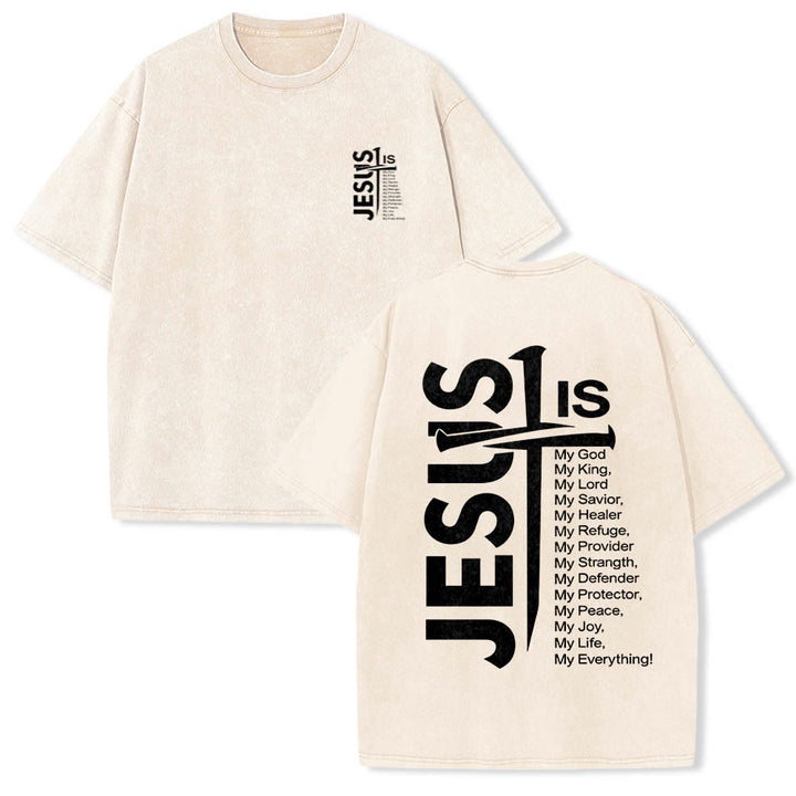 Christianartworkshop Front Mini Emblem Back Large Jesus Cross Attribute List Dual-Side Print Washed T‑Shirt - Beige - 5XL - image 3