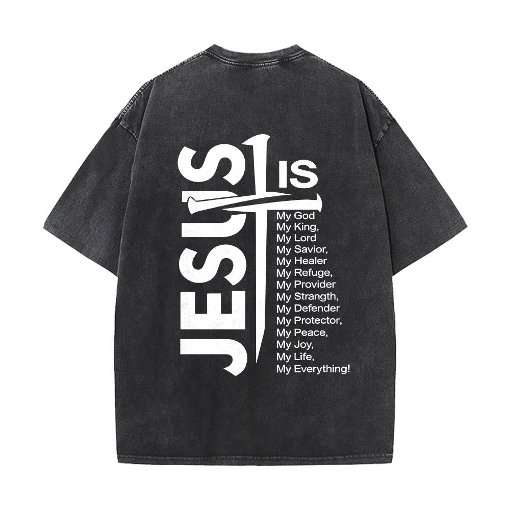Christianartworkshop Front Mini Emblem Back Large Jesus Cross Attribute List Dual-Side Print Washed T‑Shirt - image 2
