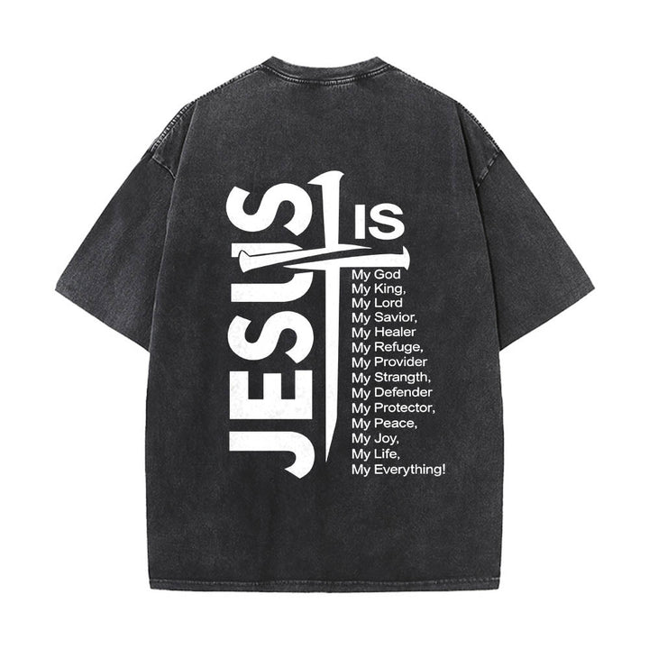 Christianartworkshop Front Mini Emblem Back Large Jesus Cross Attribute List Dual-Side Print Washed T‑Shirt - image 2