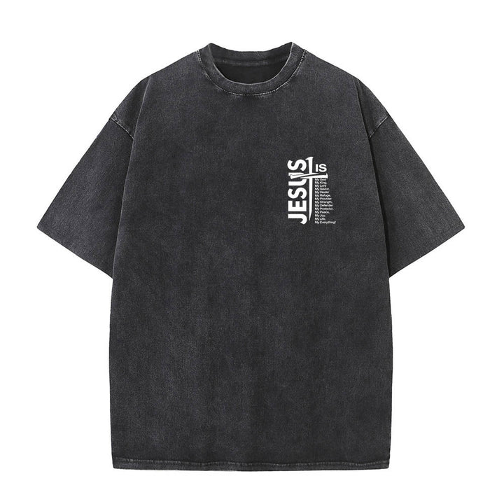 Christianartworkshop Front Mini Emblem Back Large Jesus Cross Attribute List Dual-Side Print Washed T‑Shirt - image 1
