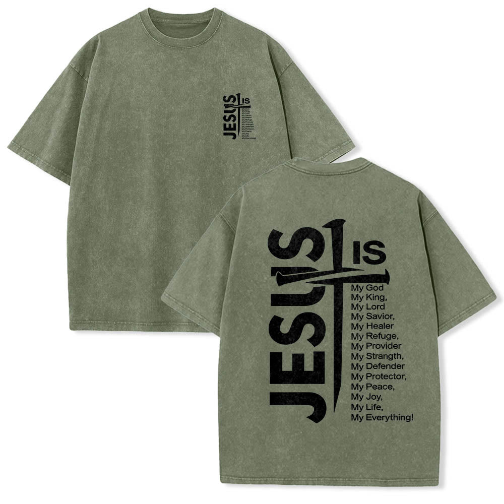 Christianartworkshop Front Mini Emblem Back Large Jesus Cross Attribute List Dual-Side Print Washed T‑Shirt - Army Green - 5XL - image 24