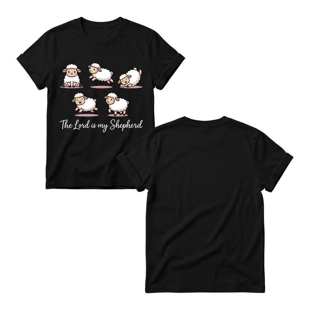 Christianartworkshop Timeless Psalm 23 Theme Cartoon Sheep Cursive Scripture Phrase Women’s Crewnecks T-shirt - image 3