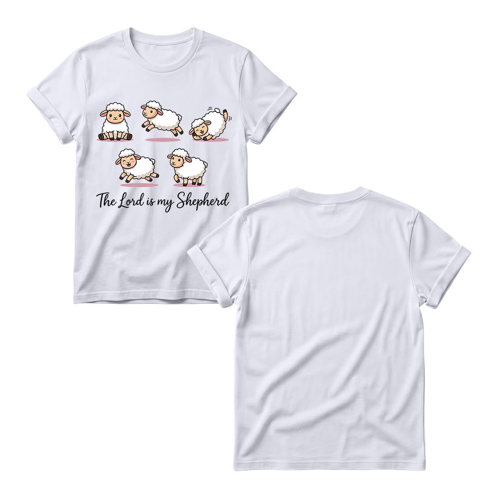 Christianartworkshop Timeless Psalm 23 Theme Cartoon Sheep Cursive Scripture Phrase Women’s Crewnecks T-shirt - image 1