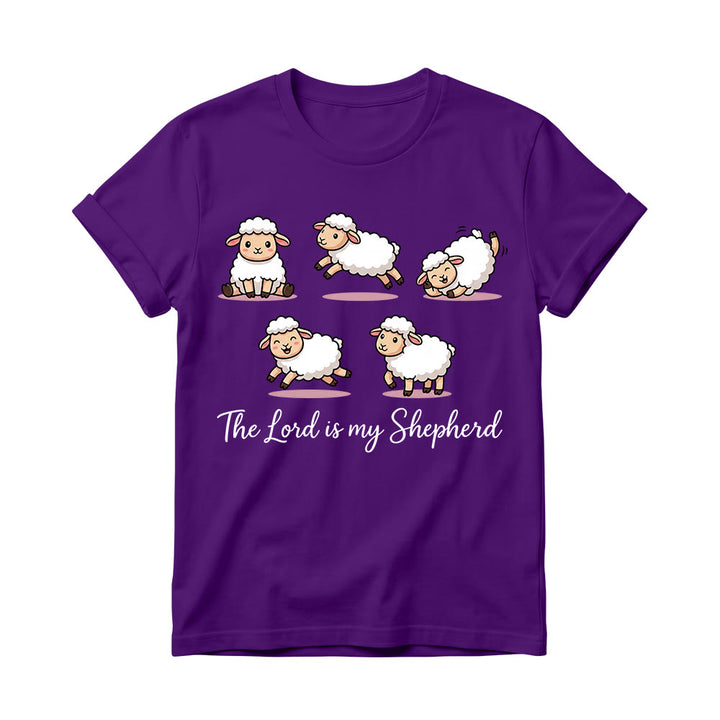 Christianartworkshop Timeless Psalm 23 Theme Cartoon Sheep Cursive Scripture Phrase Women’s Crewnecks T-shirt - Purple - 4XL - image 12