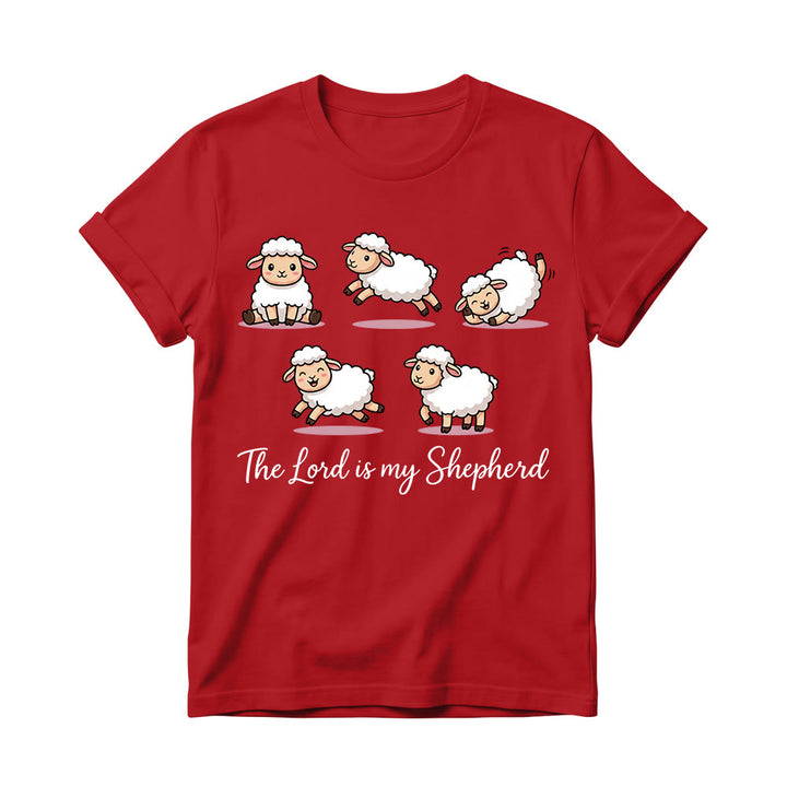 Christianartworkshop Timeless Psalm 23 Theme Cartoon Sheep Cursive Scripture Phrase Women’s Crewnecks T-shirt - Red - 4XL - image 14