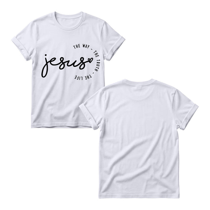 Christianartworkshop Handwritten Jesus Heart Accent Curved Arc The Way The Truth The Life Women’s Crewnecks T-shirt - image 5