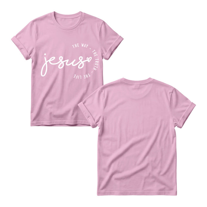 Christianartworkshop Handwritten Jesus Heart Accent Curved Arc The Way The Truth The Life Women’s Crewnecks T-shirt - image 3