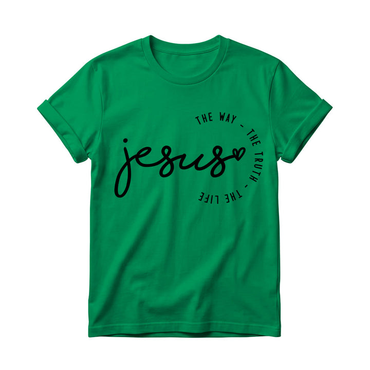 Christianartworkshop Handwritten Jesus Heart Accent Curved Arc The Way The Truth The Life Women’s Crewnecks T-shirt - Green - 4XL - image 16