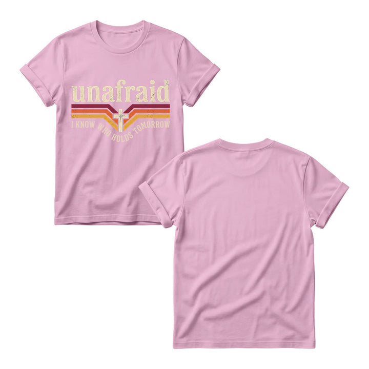 Christianartworkshop Retro Striped Cross Unafraid Curved Bottom Slogan Women’s Crewnecks T-shirt - image 5