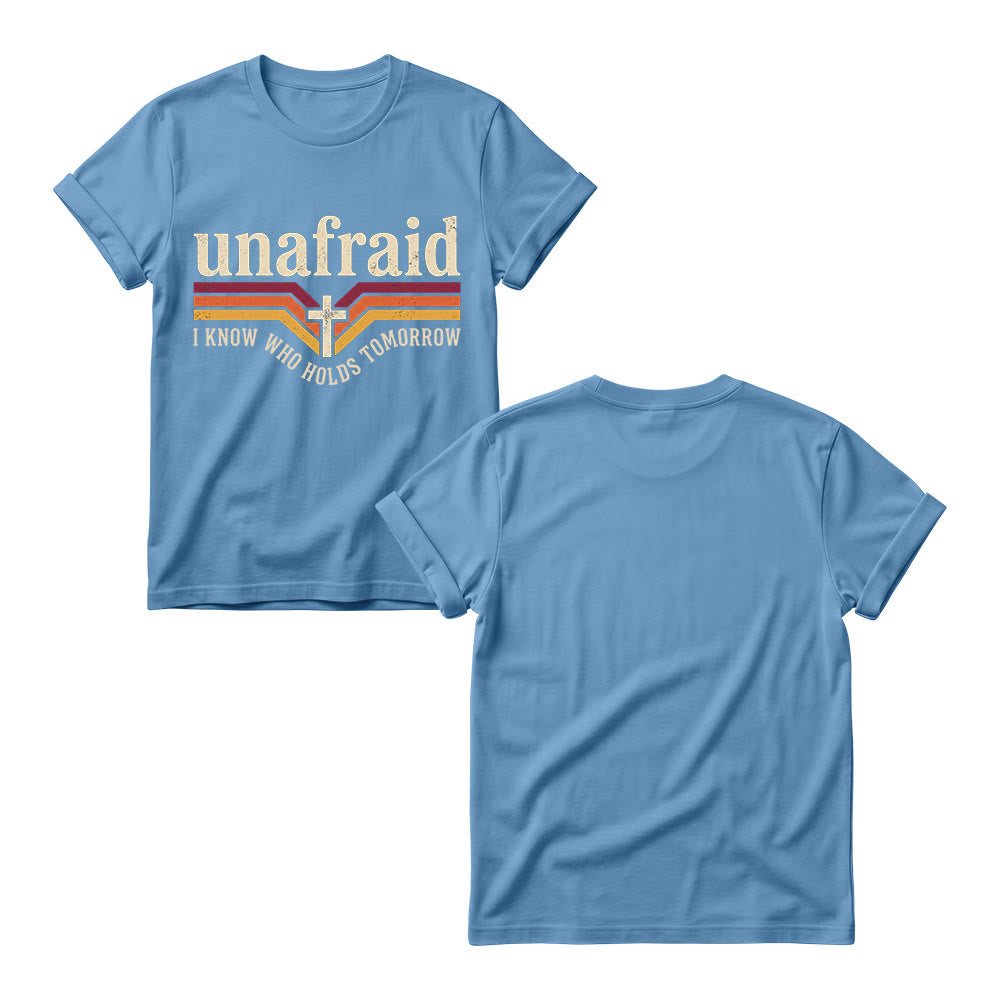 Christianartworkshop Retro Striped Cross Unafraid Curved Bottom Slogan Women’s Crewnecks T-shirt - image 1