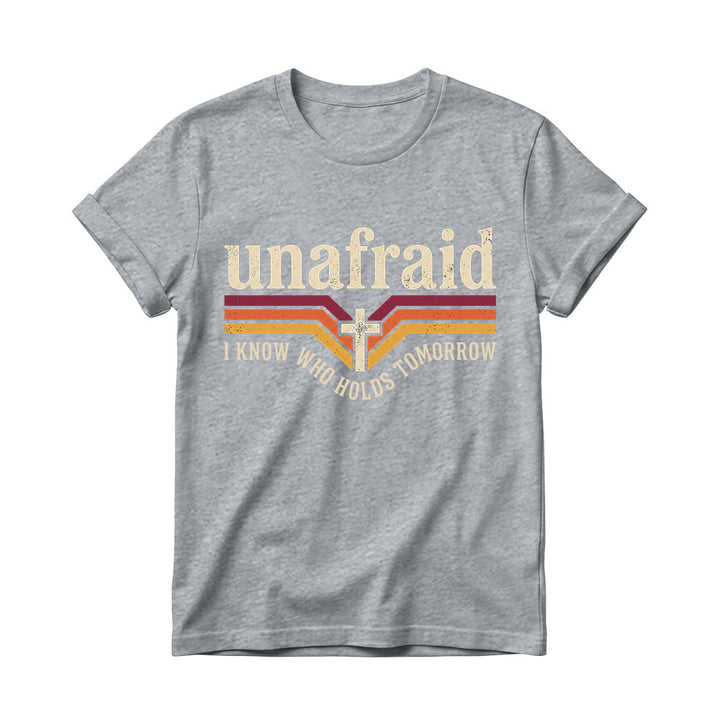 Christianartworkshop Retro Striped Cross Unafraid Curved Bottom Slogan Women’s Crewnecks T-shirt - Grey - 4XL - image 10