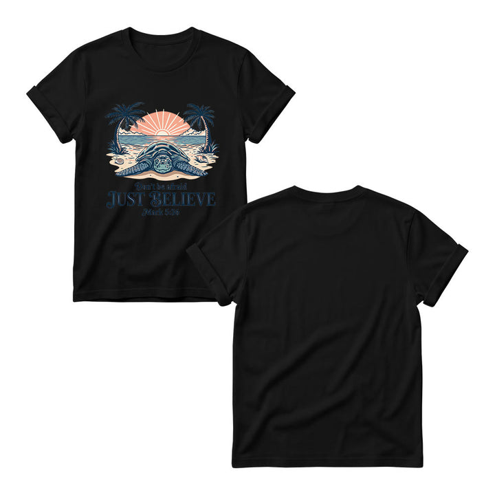 Christianartworkshop Beach Sunset Palm Sea Turtle Don’t Be Afraid Just Believe Mark 5:36 Women’s Crewnecks T-shirt - image 3