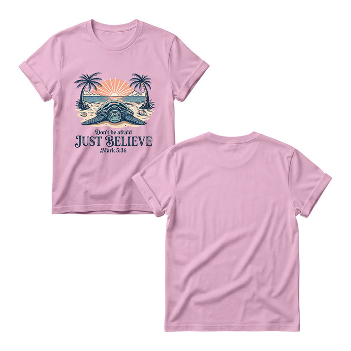 Christianartworkshop Beach Sunset Palm Sea Turtle Don’t Be Afraid Just Believe Mark 5:36 Women’s Crewnecks T-shirt - image 5