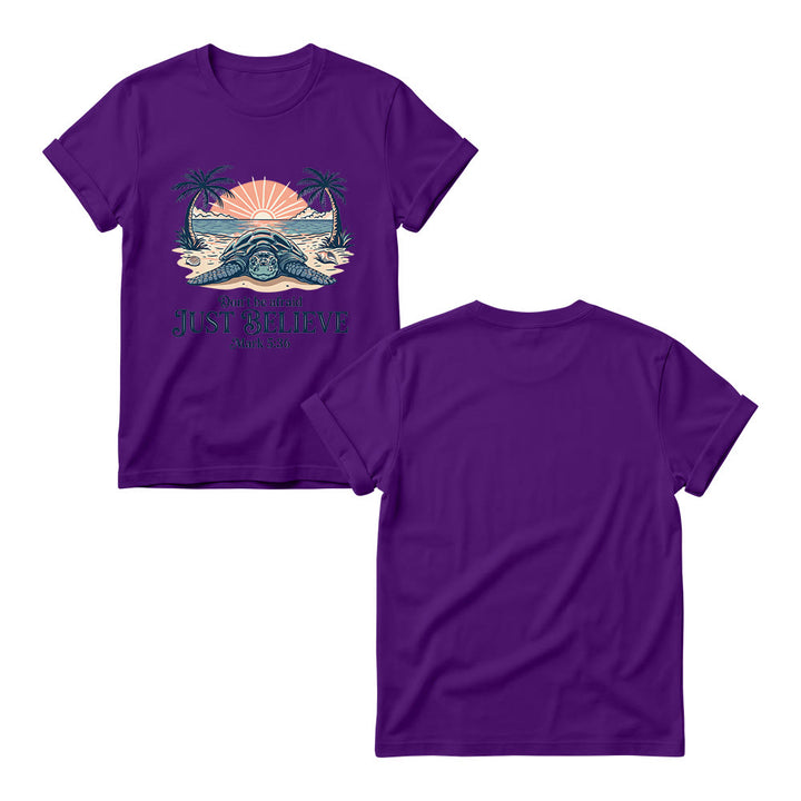 Christianartworkshop Beach Sunset Palm Sea Turtle Don’t Be Afraid Just Believe Mark 5:36 Women’s Crewnecks T-shirt - image 13