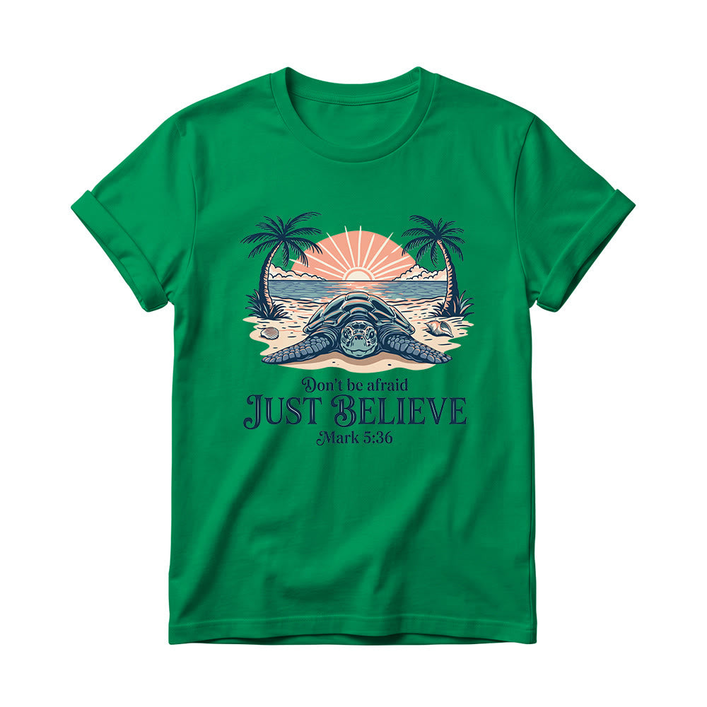 Christianartworkshop Beach Sunset Palm Sea Turtle Don’t Be Afraid Just Believe Mark 5:36 Women’s Crewnecks T-shirt - Green - 4XL - image 16