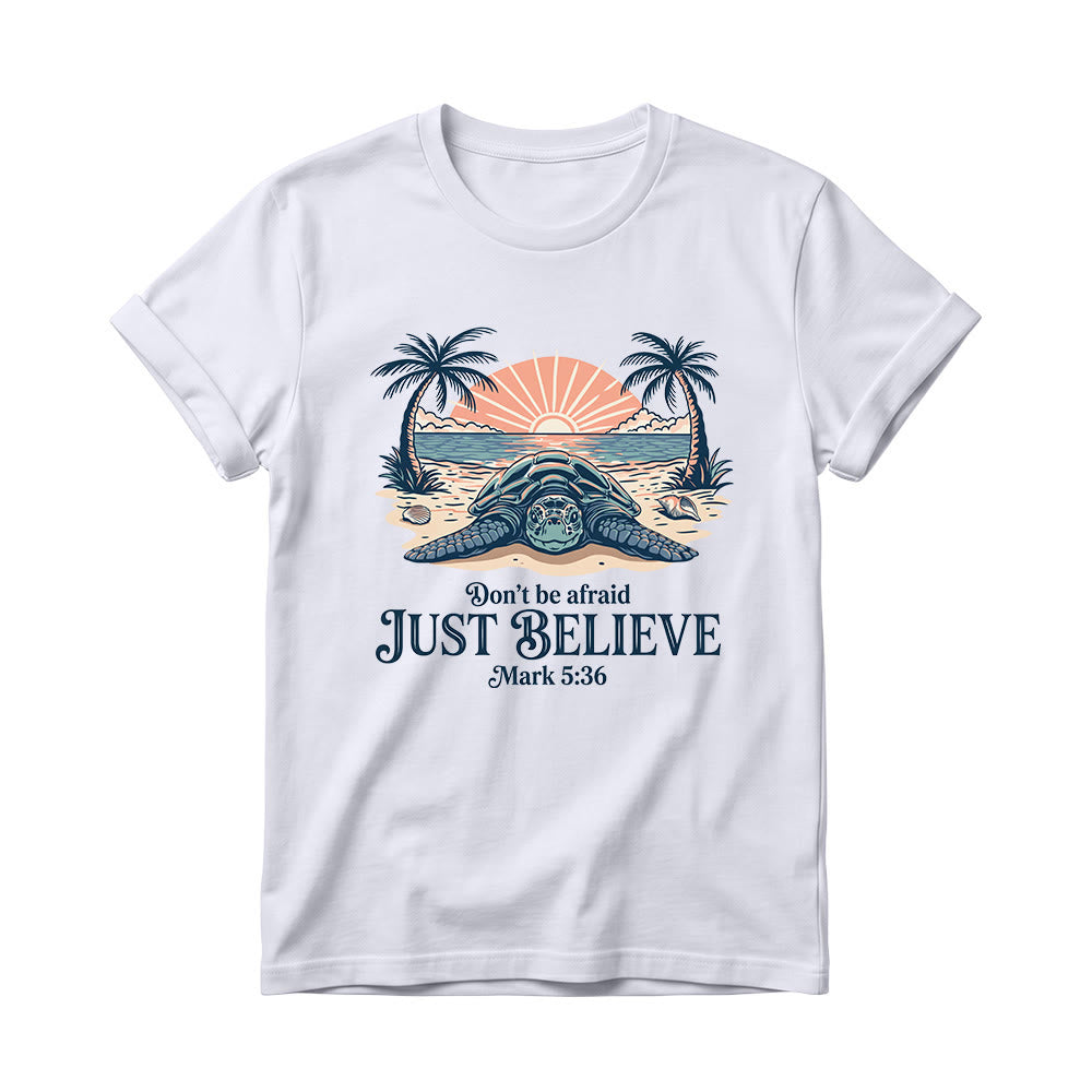 Christianartworkshop Beach Sunset Palm Sea Turtle Don’t Be Afraid Just Believe Mark 5:36 Women’s Crewnecks T-shirt - White - 4XL - image 6