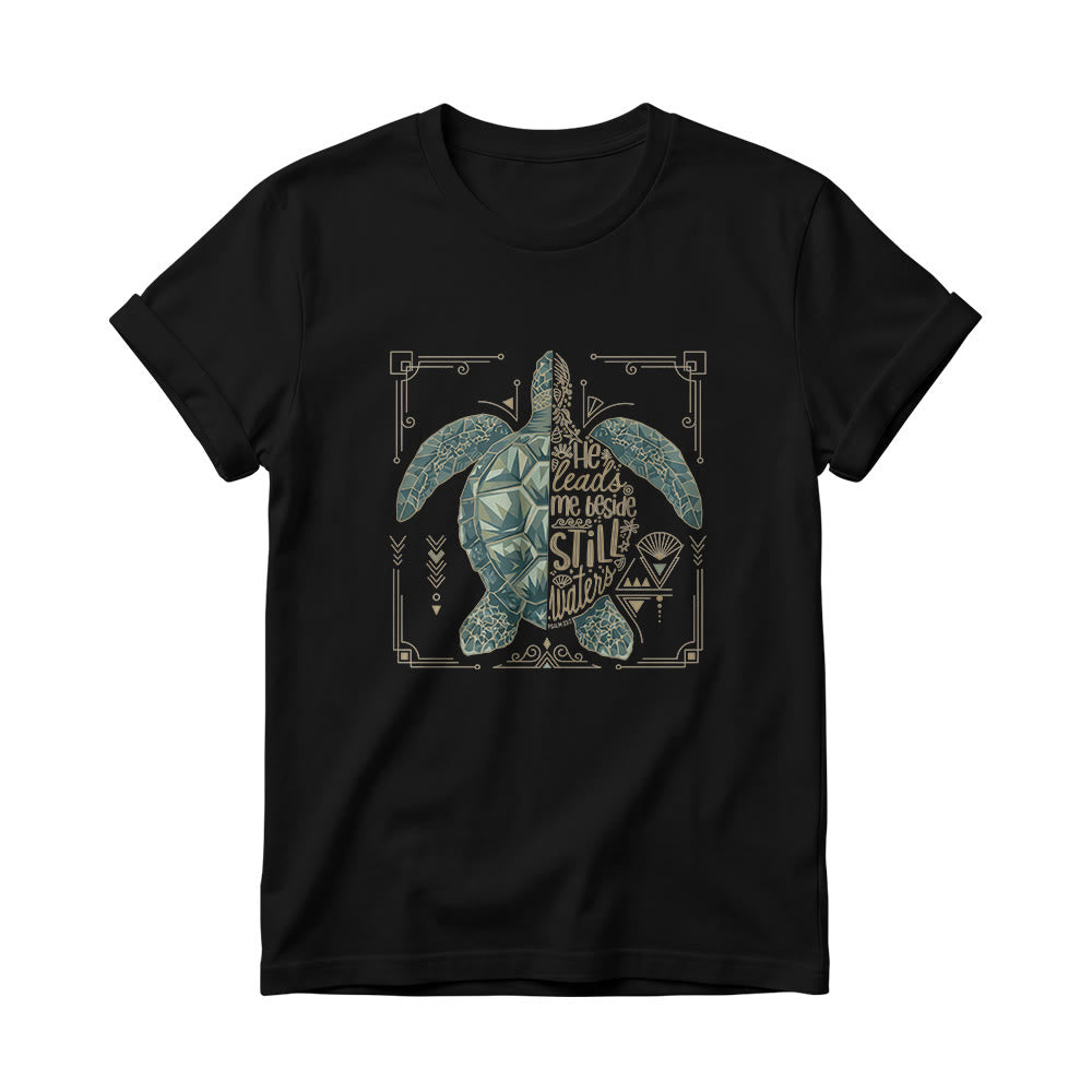 Christianartworkshop Split Geometric Sea Turtle Ornate Border Psalm Devotional Phrase Women’s Crewnecks T-shirt - Black - 4XL - image 2