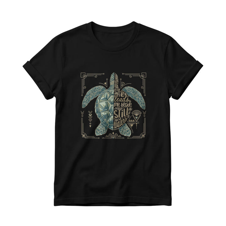 Christianartworkshop Split Geometric Sea Turtle Ornate Border Psalm Devotional Phrase Women’s Crewnecks T-shirt - Black - 4XL - image 2