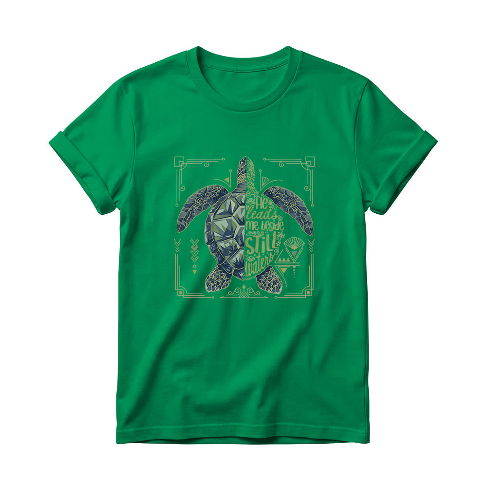 Christianartworkshop Split Geometric Sea Turtle Ornate Border Psalm Devotional Phrase Women’s Crewnecks T-shirt - Green - 4XL - image 16