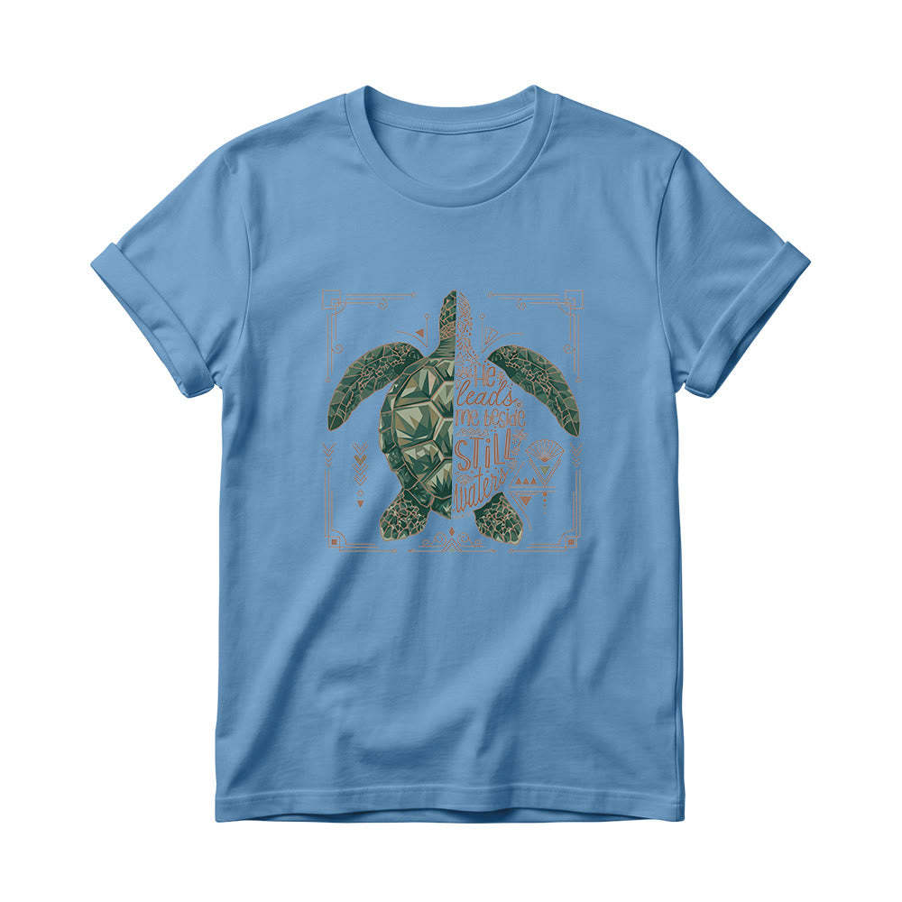 Christianartworkshop Split Geometric Sea Turtle Ornate Border Psalm Devotional Phrase Women’s Crewnecks T-shirt - Blue - 4XL - image 0