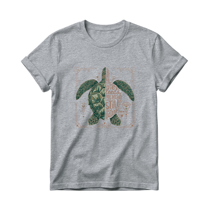 Christianartworkshop Split Geometric Sea Turtle Ornate Border Psalm Devotional Phrase Women’s Crewnecks T-shirt - Grey - 4XL - image 10