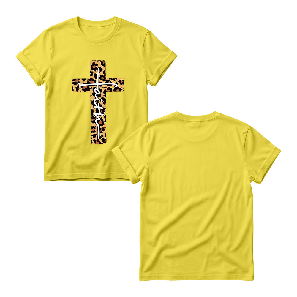 Christianartworkshop Leopard Print Cross Vertical Handwritten Faith Inside Letter Women’s Crewnecks T-shirt - image 1