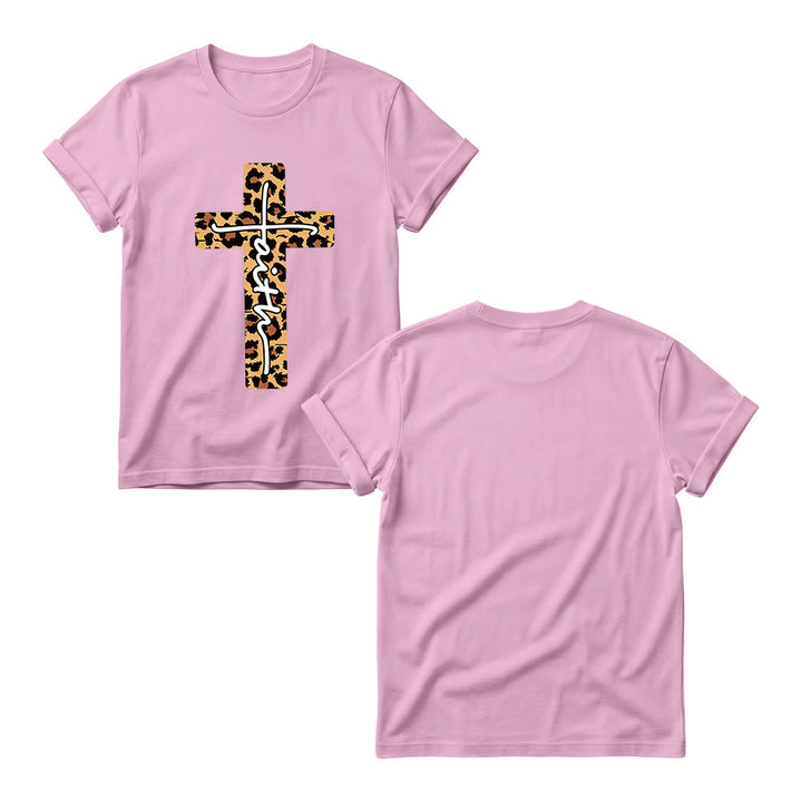 Christianartworkshop Leopard Print Cross Vertical Handwritten Faith Inside Letter Women’s Crewnecks T-shirt - image 11