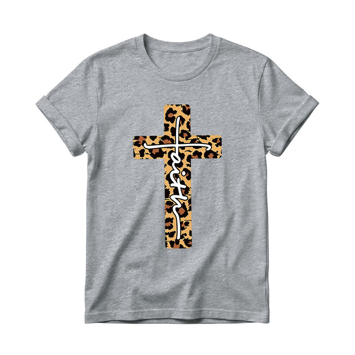 Christianartworkshop Leopard Print Cross Vertical Handwritten Faith Inside Letter Women’s Crewnecks T-shirt - Grey - 4XL - image 12