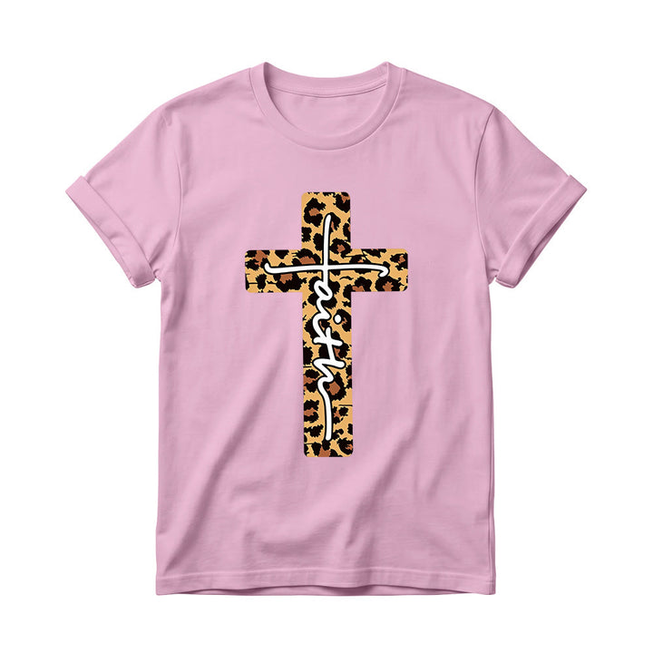 Christianartworkshop Leopard Print Cross Vertical Handwritten Faith Inside Letter Women’s Crewnecks T-shirt - Pink - 4XL - image 10