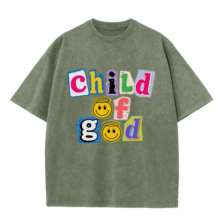 Christianartworkshop Cutout Collage Child Of God Smiley Face Inlay Front Print Washed T‑Shirt - Army Green - 5XL - image 8