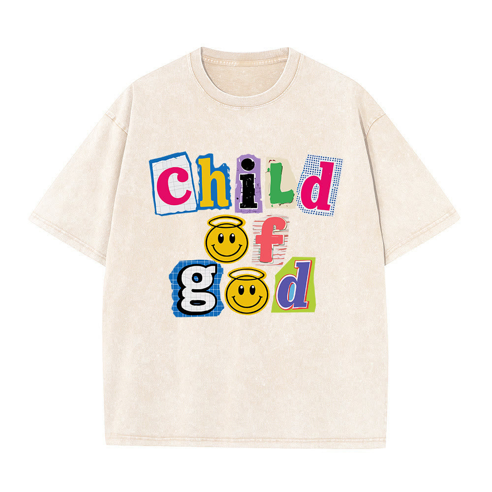 Christianartworkshop Cutout Collage Child Of God Smiley Face Inlay Front Print Washed T‑Shirt - Beige - 5XL - image 1