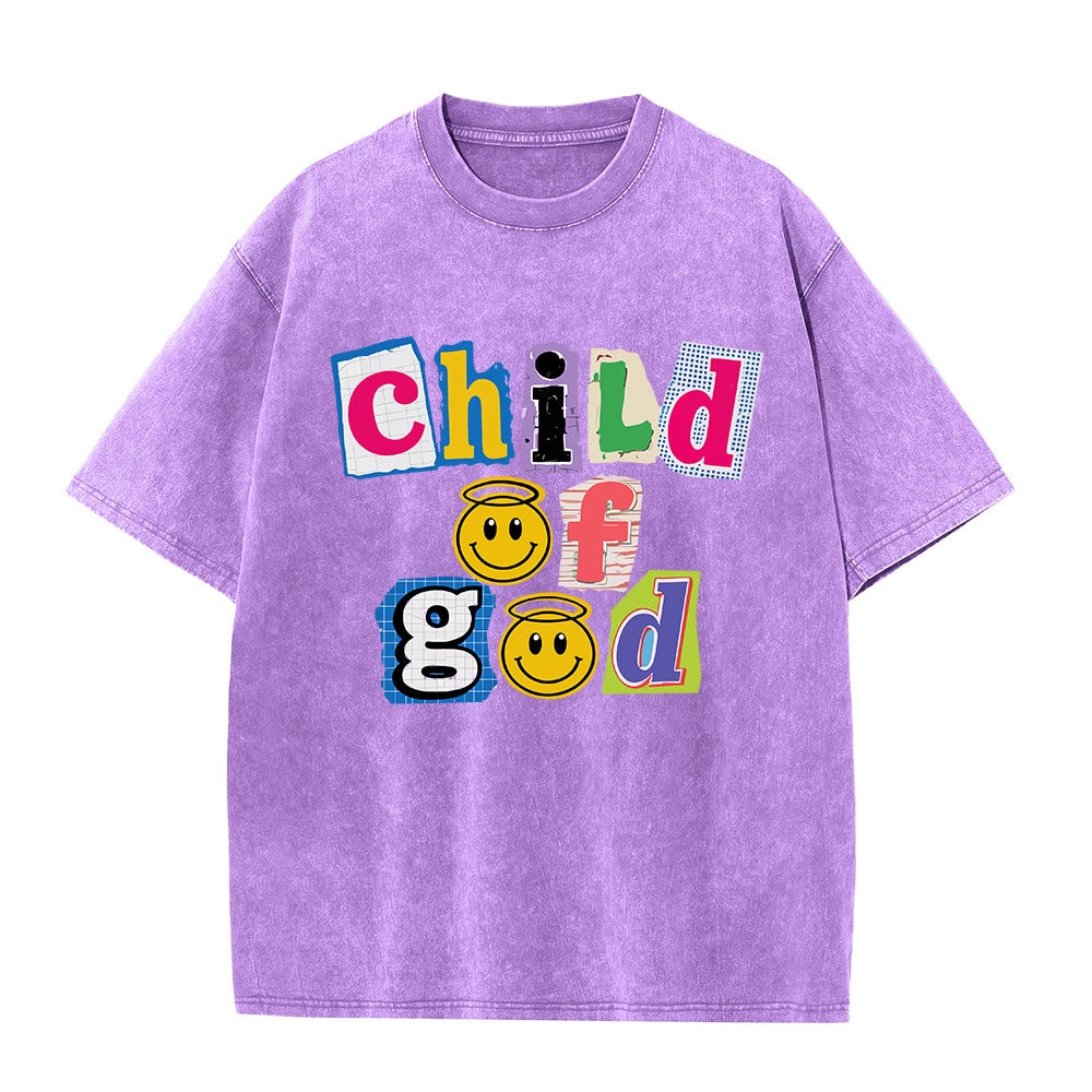 Christianartworkshop Cutout Collage Child Of God Smiley Face Inlay Front Print Washed T‑Shirt - Purple - 5XL - image 6