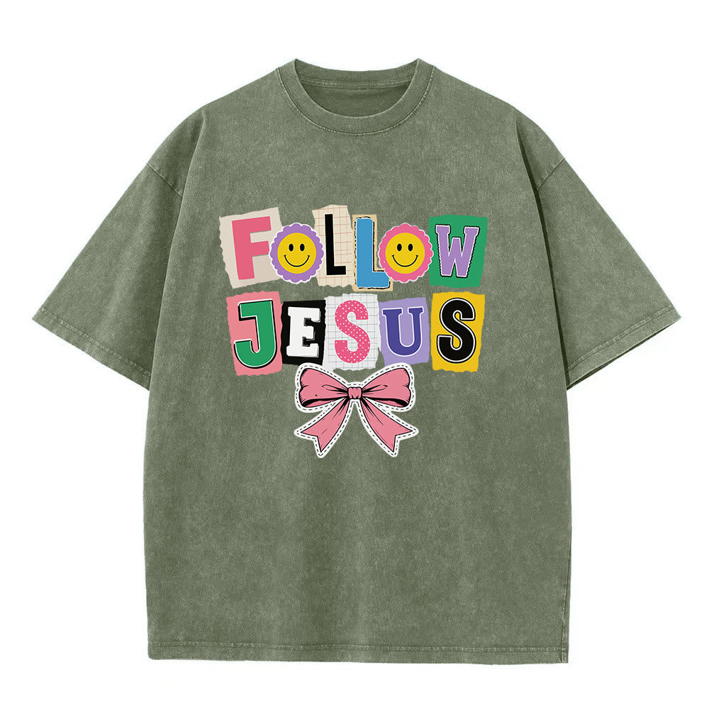 Christianartworkshop Scrapbook Letter Follow Jesus Smiley Embellishment Bow Ornament Washed T‑Shirt - Army Green - 5XL - image 8
