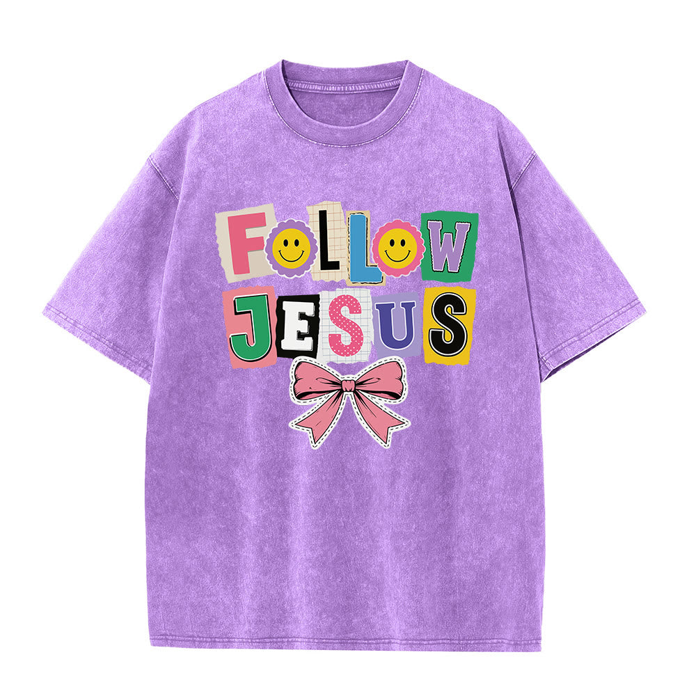 Christianartworkshop Scrapbook Letter Follow Jesus Smiley Embellishment Bow Ornament Washed T‑Shirt - Purple - 5XL - image 6