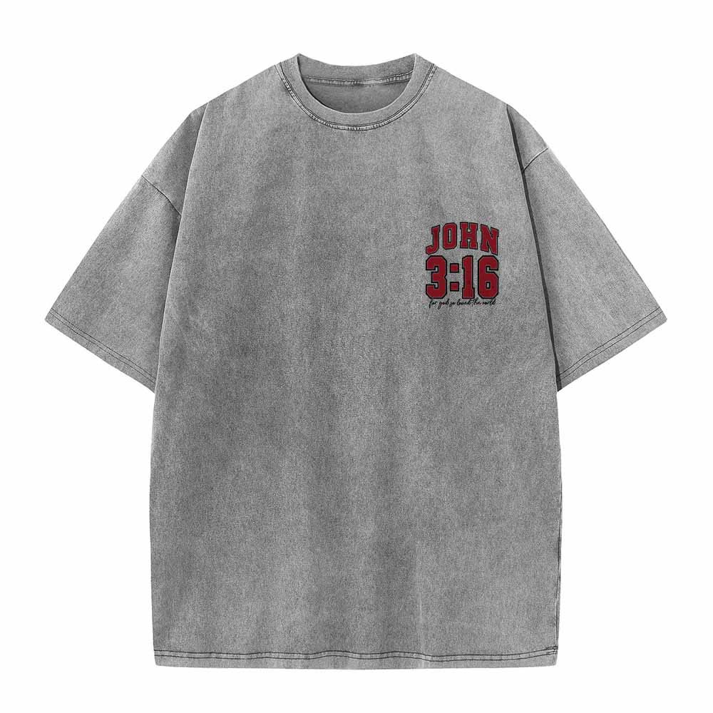Christianartworkshop Left Chest John 3:16 Varsity Font Back For God So Loved The World Washed T‑Shirt - image 1