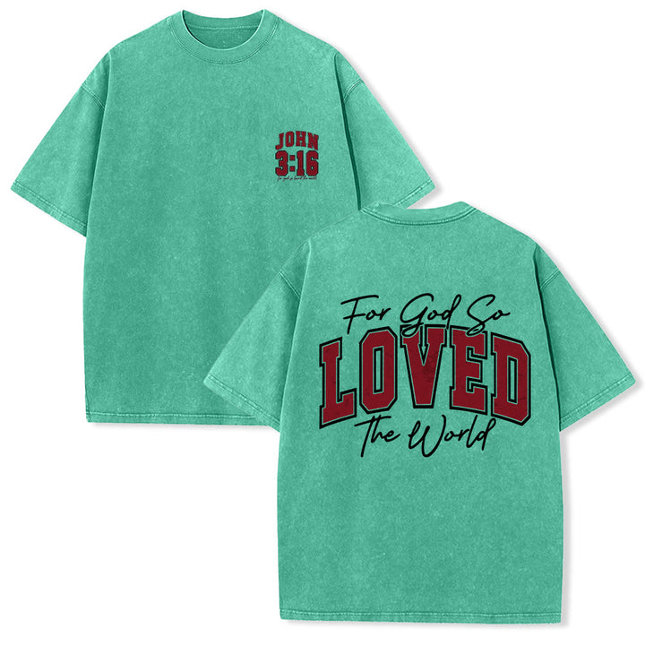 Christianartworkshop Left Chest John 3:16 Varsity Font Back For God So Loved The World Washed T‑Shirt - Green - 5XL - image 3