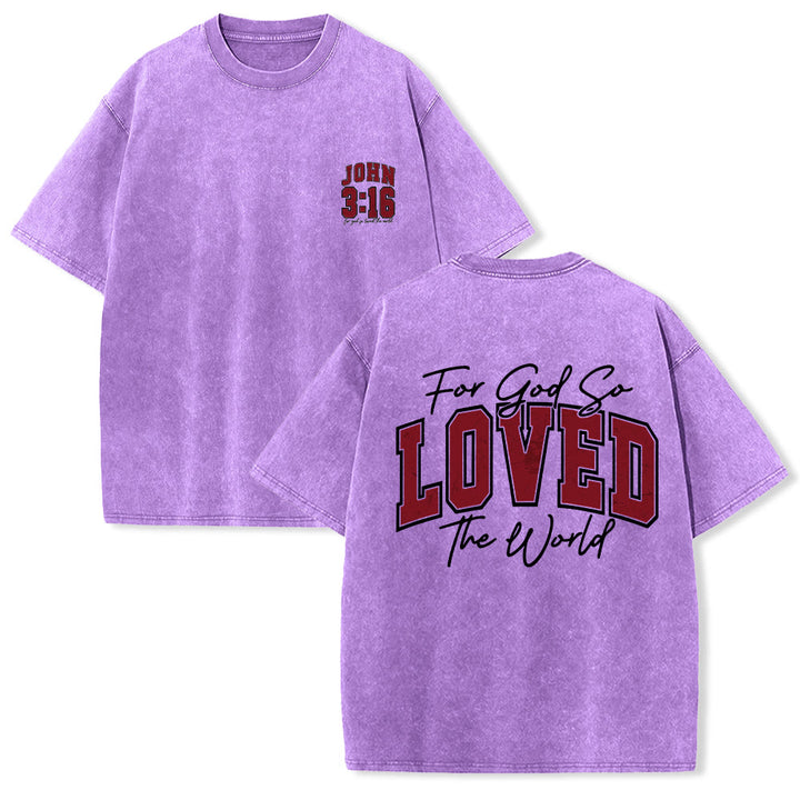 Christianartworkshop Left Chest John 3:16 Varsity Font Back For God So Loved The World Washed T‑Shirt - Purple - 5XL - image 18